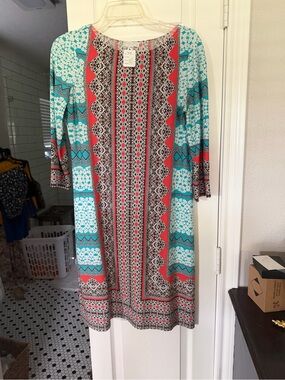 London Time petite Boho Print Shift Dress in Teal & Coral size 10p